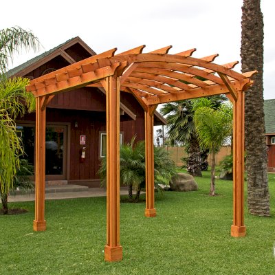 Small Arched Open Sky Pergolas (Options: 10' L x 10' W, No Privacy Panels, Douglas-Fir, No Rain Guard, 9 ft Post Height, No Electrical Wiring Trim, Vertical Decorative Trim, 4-Post Anchor Kit for Concrete, No Curtain Rods, No Retractable Shade Canopy, Transparent Premium Sealant).