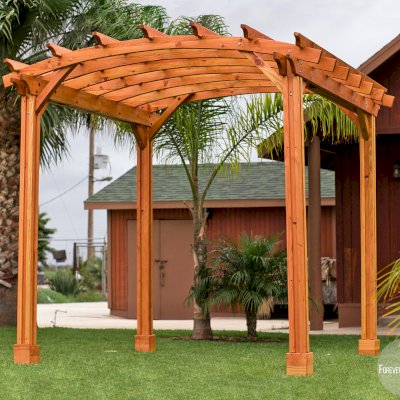 Small Arched Open Sky Pergolas (Options: 10' L x 10' W, No Privacy Panels, Douglas-Fir, No Rain Guard, 9 ft Post Height, No Electrical Wiring Trim, Vertical Decorative Trim, 4-Post Anchor Kit for Concrete, No Curtain Rods, No Retractable Shade Canopy, Transparent Premium Sealant).