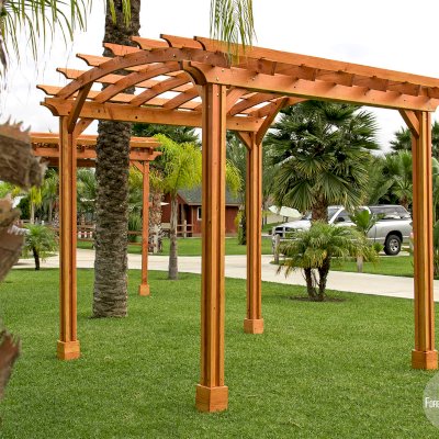 Small Arched Open Sky Pergolas (Options: 10' L x 10' W, No Privacy Panels, Douglas-Fir, No Rain Guard, 9 ft Post Height, No Electrical Wiring Trim, Vertical Decorative Trim, 4-Post Anchor Kit for Concrete, No Curtain Rods, No Retractable Shade Canopy, Transparent Premium Sealant).