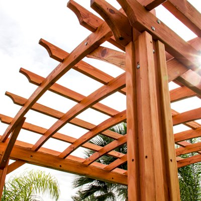 Small Arched Open Sky Pergolas (Options: 10' L x 10' W, No Privacy Panels, Douglas-Fir, No Rain Guard, 9 ft Post Height, No Electrical Wiring Trim, Vertical Decorative Trim, 4-Post Anchor Kit for Concrete, No Curtain Rods, No Retractable Shade Canopy, Transparent Premium Sealant).