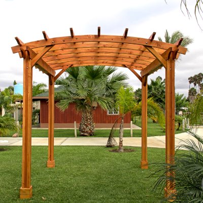 Small Arched Open Sky Pergolas (Options: 10' L x 10' W, No Privacy Panels, Douglas-Fir, No Rain Guard, 9 ft Post Height, No Electrical Wiring Trim, Vertical Decorative Trim, 4-Post Anchor Kit for Concrete, No Curtain Rods, No Retractable Shade Canopy, Transparent Premium Sealant).