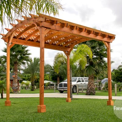 Small Arched Pergola Kits (Options: 10' L x 10' W, No Privacy Panels, Douglas-Fir, No Rain Guard, 9 ft Post Height, No Electrical Wiring Trim, No Decorative Trim, 4-Post Anchor Kit for Concrete, No Curtain Rods, No Retractable Shade Canopy, Transparent Premium Sealant).
