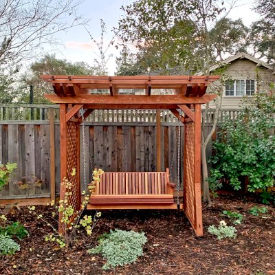 Custom Small Garden Pergola Kit (Options: 9' L x 6' W, California Redwood, 8 ft Post Height, 4-Post Anchor Kit for Concrete, with Rain Guard, No Decorative Trims, with Lattice Privacy Panels on 2 Sides, Transparent Premium Sealant) with Forever Redwood Garden Swing.