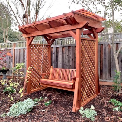 Custom Small Garden Pergola Kit (Options: 9' L x 6' W, California Redwood, 8 ft Post Height, 4-Post Anchor Kit for Concrete, with Rain Guard, No Decorative Trims, with Lattice Privacy Panels on 2 Sides, Transparent Premium Sealant) with Forever Redwood Garden Swing.