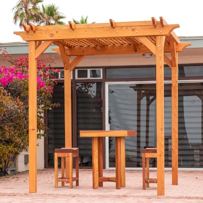Small Lattice Pergola  (Options: 8' L x 8' W, No Privacy Panels, Douglas-fir, No Rain Guard, 8 ft Post Height, No Electrical Wiring Kit, No Post Decorative Trim, No Anchor Kit, No Curtain Rods, No Retractable Shade Canopy, Transparent Premium Sealant). Glady's Balcony Table Set Under the Pergola.