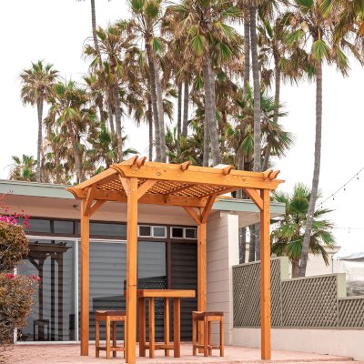 Small Lattice Pergola  (Options: 8' L x 8' W, No Privacy Panels, Douglas-fir, No Rain Guard, 8 ft Post Height, No Electrical Wiring Kit, No Post Decorative Trim, No Anchor Kit, No Curtain Rods, No Retractable Shade Canopy, Transparent Premium Sealant). Glady's Balcony Table Set Under the Pergola.