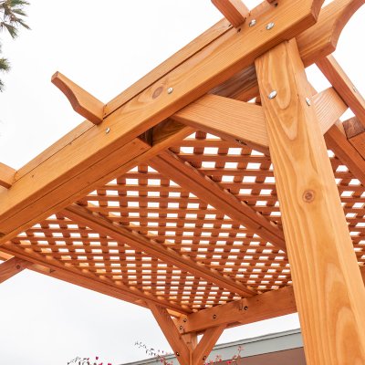 Small Lattice Pergola  (Options: 8' L x 8' W, No Privacy Panels, Douglas-fir, No Rain Guard, 8 ft Post Height, No Electrical Wiring Kit, No Post Decorative Trim, No Anchor Kit, No Curtain Rods, No Retractable Shade Canopy, Transparent Premium Sealant).