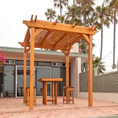Small Lattice Pergola  (Options: 8' L x 8' W, No Privacy Panels, Douglas-fir, No Rain Guard, 8 ft Post Height, No Electrical Wiring Kit, No Post Decorative Trim, No Anchor Kit, No Curtain Rods, No Retractable Shade Canopy, Transparent Premium Sealant). Glady's Balcony Table Set Under the Pergola.