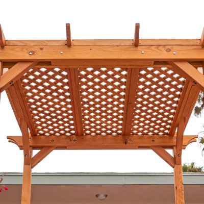 Small Lattice Pergola  (Options: 8' L x 8' W, No Privacy Panels, Douglas-fir, No Rain Guard, 8 ft Post Height, No Electrical Wiring Kit, No Post Decorative Trim, No Anchor Kit, No Curtain Rods, No Retractable Shade Canopy, Transparent Premium Sealant).