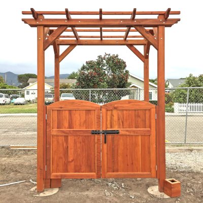 Small Garden Pergola Kit (Options: 8' L x 6' W, No Privacy Panels, Mature Redwood, 9 ft Post Height, 4-Post Anchor Kit for Concrete, No Curtain Rods, No Decorative Trims, Transparent Premium Sealant). With a Pair of Custom Gates by Custom Request, Photo Courtesy of M. Roberts of Carpinteria, CA.