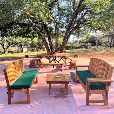 Square Side Table (Options: 30" Size, California Redwood, Slightly Rounded Corners, 18" H, Transparent Premium Sealant). Photo also shows 2 Moonlight Benches and a Custom Round Picnic Table Set. Photo Courtesy of A. Paul of Lower Lake, CA.