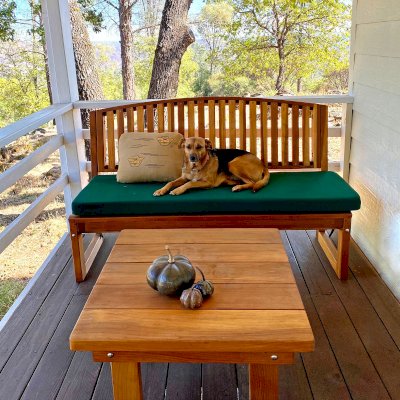 Square Side Table (Options: 30" Size, California Redwood, Slightly Rounded Corners, 18" H, Transparent Premium Sealant). Photo also shows 1 Moonlight Bench. Photo Courtesy of M. Colbruno of Oakland, California.