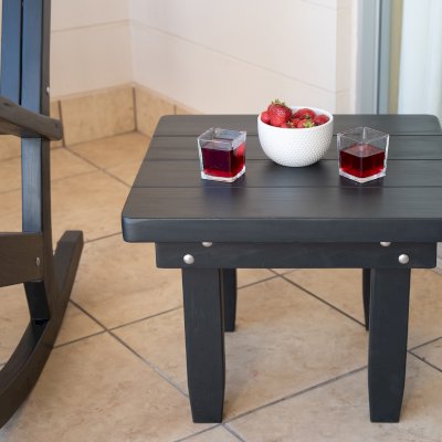 Square Side Table (Options: 23" Size, Mature Redwood, Rounded Corners, 18" H, Black Stain Premium Sealant) with a Massive Rocking Bench.