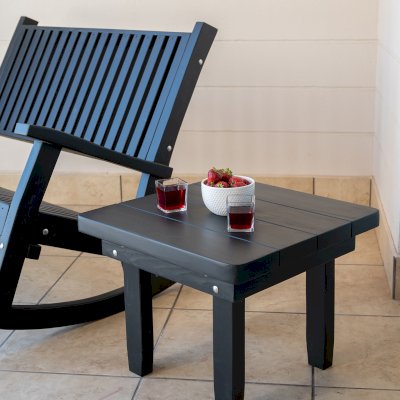 Square Side Table (Options: 23" Size, Mature Redwood, Rounded Corners, 18" H, Black Stain Premium Sealant) with a Massive Rocking Bench.