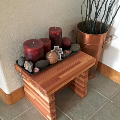 Small Wooden Foot Stool (Options: Mosaic Redwood, 12" H, No Engraving, Transparent Premium Sealant). Photo Courtesy of P. Helger of Pueblo West, CO.