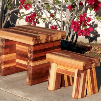 Comparisons of Small Wooden Foot Stool (left) and Mini Foot Stools in Mosaic Redwood (both finished with Transparent Premium Sealant)