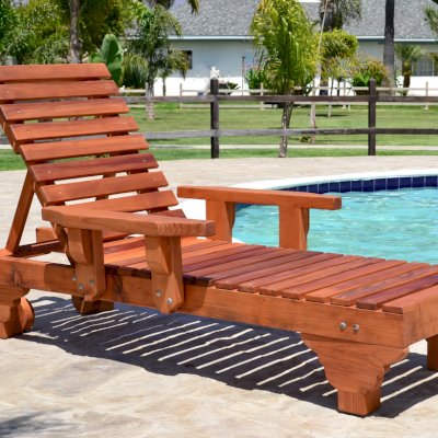 Sol Redwood Patio Lounger (Options: Single, Extra Large 78", Mature Redwood, Add Armrests, 13"H, Include Wooden Wheels, Transparent Premium Sealant). Photo also shows: The Poolside Privacy Panel