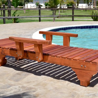 Sol Redwood Patio Lounger (Options: Single, Extra Large 78", Mature Redwood, Add Armrests, 13"H, Include Wooden Wheels, Transparent Premium Sealant). Photo also shows: The Poolside Privacy Panel