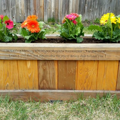Sonoma Planters (Options: 48" L, 18" W x 18" H, California Redwood, No Seating Ledge, 1" Feet, No Trellis, Custom Engraving, Interior and Exterior of Box with Sealant (No Growing Vegetables), Transparent Premium Sealant). Photo Courtesy of Rebecca Rasmussen of Anchorage, Alaska. Faded finish is because photo taken 4 years after it was built.
