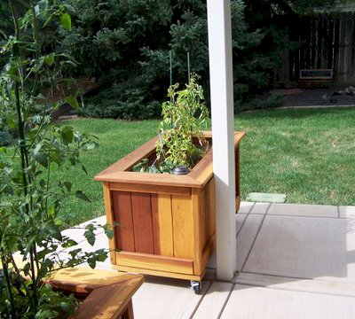Sonoma Planters (Options: 48" L, 24" W x 24" H, California Redwood, Add Seating Ledge, 4 Casters, No Trellis, Interior and Exterior of Box with Sealant (No Growing Vegetables), Transparent Premium Sealant). Photo Courtesy of Larry Weller of Arvada, CO.