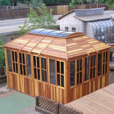 Spa Gazebo Kit (Options: 10' L, 14' W, California Redwood, All Sliding Windows with Screens, 4' x 6' Skylight, 36" H Siding Below Windows, Vertical Siding, Japanese Doors with Screens, No Flooring, Transparent Premium Sealant). Photo Courtesy of Richard S. of Loveland, Colorado.