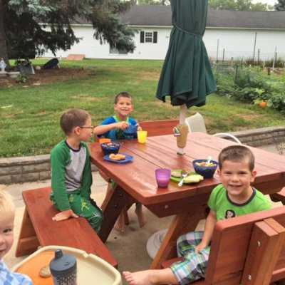 Square Heritage Large Wooden Picnic Table (Options: 46" x 46" Tabletop, Side Benches and Fullback End Benches, Standard Tabletop, Rounded Corners, 2" Umbrella Hole, Transparent Premium Sealant). Photo Courtesy of M. Kellett of York, PA.