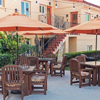 Square Patio Tables (Options: 3.5', 4 Chairs, Mosaic Redwood, Luna Style Chairs, All Armchairs, Custom Cushions, Standard Tabletop, Slightly Rounded Corners, 1-5/8in Umbrella Hole, Coffee-Stain Premium Sealant). Photo Courtesy of C. Ledesma of La Jolla, CA.