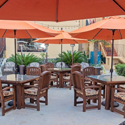 Square Patio Tables (Options: 3.5', 4 Chairs, Mosaic Redwood, Luna Style Chairs, All Armchairs, Custom Cushions, Standard Tabletop, Slightly Rounded Corners, 1-5/8in Umbrella Hole, Coffee-Stain Premium Sealant). Photo Courtesy of C. Ledesma of La Jolla, CA.