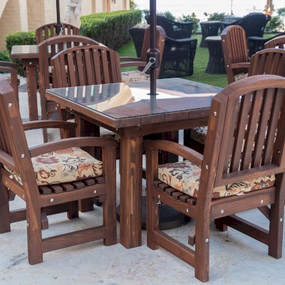 Square Patio Tables (Options: 3.5', 4 Chairs, Mosaic Redwood, Luna Style Chairs, All Armchairs, Custom Cushions, Standard Tabletop, Slightly Rounded Corners, 1-5/8in Umbrella Hole, Coffee-Stain Premium Sealant). Photo Courtesy of C. Ledesma of La Jolla, CA.