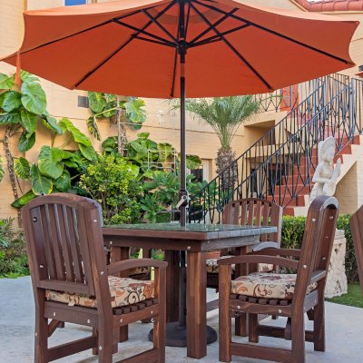 Square Patio Tables (Options: 3.5', 4 Chairs, Mosaic Redwood, Luna Style Chairs, All Armchairs, Custom Cushions, Standard Tabletop, Slightly Rounded Corners, 1-5/8in Umbrella Hole, Coffee-Stain Premium Sealant). Photo Courtesy of C. Ledesma of La Jolla, CA.