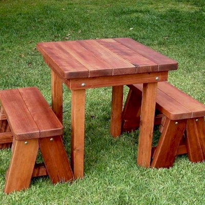 Square Patio Tables (Options: 2.5', Side Benches, Mature Redwood, Classic Forever Benches, Standard tabletop option, Slightly Rounded Corners, No Umbrella Hole, Transparent Premium Sealant). 
