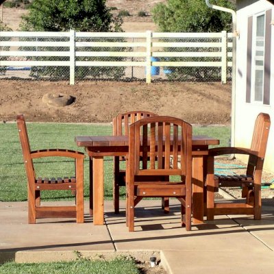 Square Patio Tables (Options: 4.5', 4 Chairs, Mature Redwood, Luna Style Chairs, Armchairs Only, No Cushions, Standard tabletop option, Slightly Rounded corners, No Umbrella Hole, Transparent Premium Sealant).