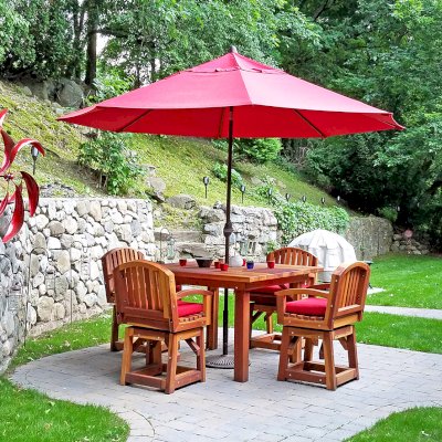 Square Patio Tables (Options: 4', 4 Chairs, Redwood, Vera's Armchair by Custom Request, Custom Cushions, Standard Tabletop, Slightly Rounded corners, No Umbrella Hole, Transparent Premium Sealant). Photo Courtesy of Lydia Triplett of Newton, Massachusetts.