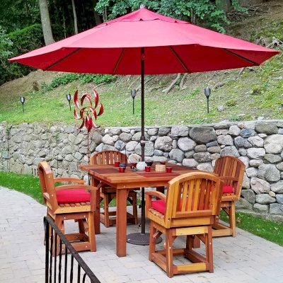 Square Patio Tables (Options: 4', 4 Chairs, Redwood, Vera's Armchair by Custom Request, Custom Cushions, Standard Tabletop, Slightly Rounded corners, No Umbrella Hole, Transparent Premium Sealant). Photo Courtesy of Lydia Triplett of Newton, Massachusetts.