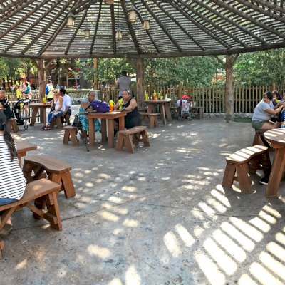 Square Patio Tables & Round Picnic Tables with Picnic Benches Installed in Knott's Berry Farm in Buena Park, California.