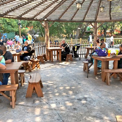 Square Patio Tables with Picnic Benches Installed in Knott's Berry Farm in Buena Park, California.