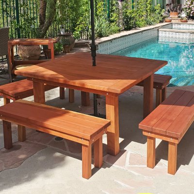 Square Patio Tables (Options: 5', 4 Benches, California Redwood, Patio Benches, Standard Tabletop, Slightly Rounded corners, No Umbrella Hole, Transparent Premium Sealant). Photo Courtesy of David & Susan Kaye of Oakpark, California.