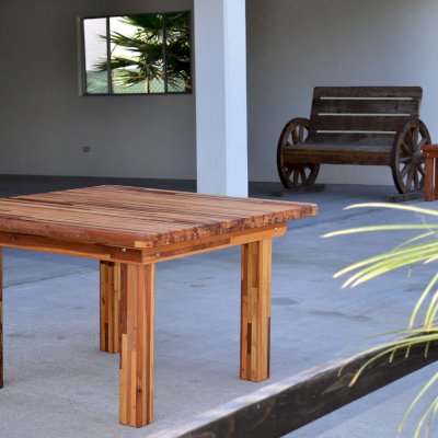 Square Patio Tables (Options: 4', No Seating, Mosaic Redwood, Standard tabletop, Rounded Corners, No Umbrella Hole, Transparent Premium Sealant). Photo shows side table in background.