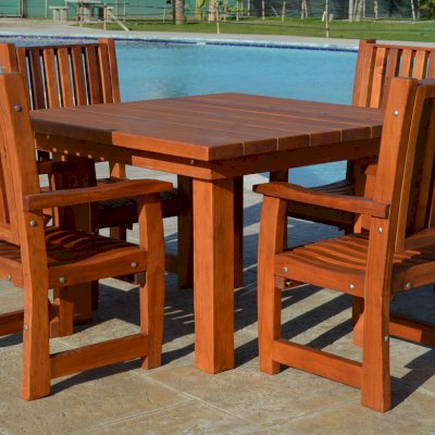 Square Patio Tables (Options: 4', 4 Chairs, Old-Growth Redwood, Ruth Style Chairs, Armchairs Only, No Cushions, Standard Tabletop, Squared Corners, Umbrella Hole, Transparent Premium Sealant).