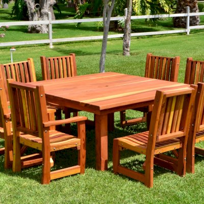 Square Patio Tables (Options: 5.5', 8 Chairs, Redwood, Ruth Chairs, Combination of Armchairs and Side Chairs, No Cushions, Standard Tabletop, Slightly Rounded Corners, Umbrella Hole, Transparent Premium Sealant).