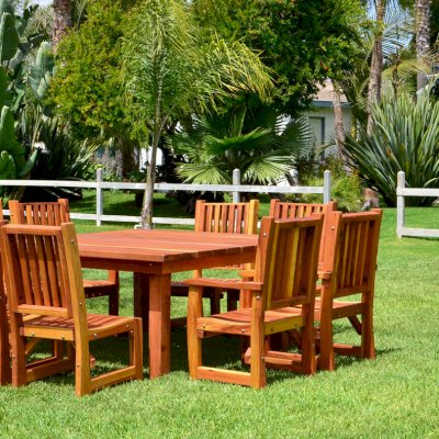 Square Patio Tables (Options: 5.5', 8 Chairs, Redwood, Ruth Chairs, Combination of Armchairs and Side Chairs, No Cushions, Standard Tabletop, Slightly Rounded Corners, Umbrella Hole, Transparent Premium Sealant). Photo also shows a Wishing Wells in background.