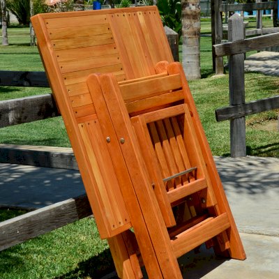Square Wooden Folding Table (Options: 2 Folding Chairs, Douglas-fir, No Cushions, Standard Tabletop, Checkerboard Design, Rounded Corners, No Umbrella Hole, Transparent Premium Sealant). Photo Courtesy of El Laurel, Ensenada, Mexico.