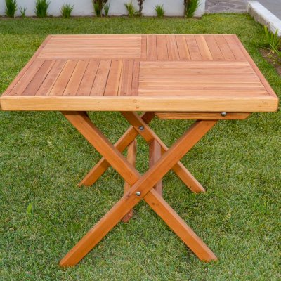 Square Wooden Folding Table (Options: No Seating, Redwood, Standard Tabletop, Checkerboard Design Tabletop, Slightly Rounded Corners, No Umbrella Hole, Transparent Premium Sealant).