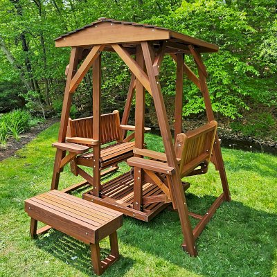 St. Anthony's Face to Face Gliders (Adult Size, Old-Growth Redwood, Standard Closed Roof, With Beverage Armrests, With Kid's Platform, No Engraving, Transparent Premium Sealant). Photo Courtesy of J. Peckham of Dorset, VT.