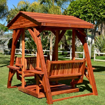 St. Anthony's Face to Face Gliders (Adult Size, Mosaic Redwood, No Kid's Platform, with Beverage Armrests, Standard Closed Roof, No Engraving, Transparent Premium Sealant).