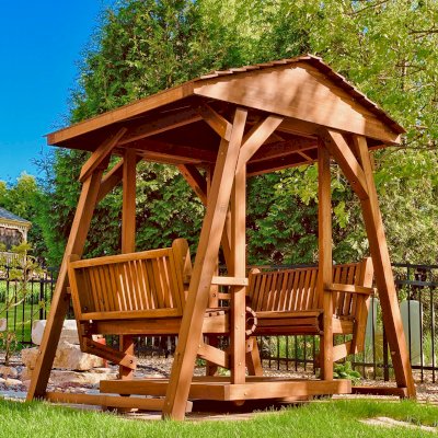 St. Anthony's Face to Face Gliders (XW, Mosaic Redwood, No Kid's Platform, Standard Roof, No Engraving, Transparent Premium Sealant). Photo Courtesy of Richard Lange of Waunakee, Wisconsin.