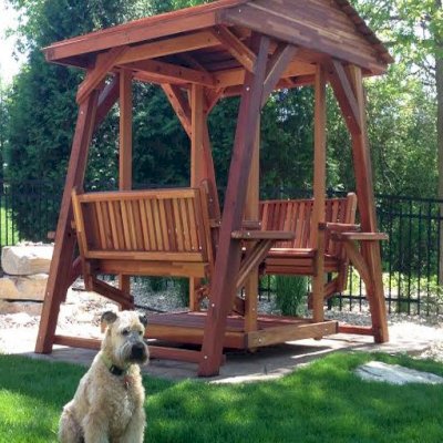 St. Anthony's Face to Face Gliders (XW, Mosaic Redwood, No Kid's Platform, Standard Roof, No Engraving, Transparent Premium Sealant). Photo Courtesy of Richard Lange of Waunakee, Wisconsin.