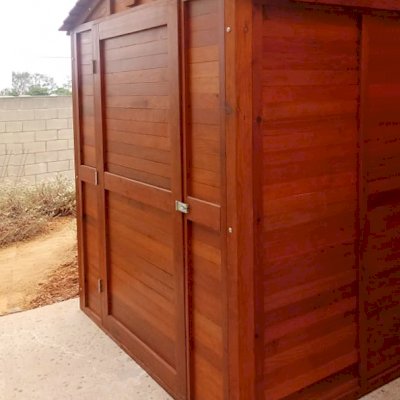 Storage Mini Barns (Options: 6' W, 8' D, 7' H, Mature Redwood, Single Door Opening Out, Standard Door, Transparent Premium Sealant). 