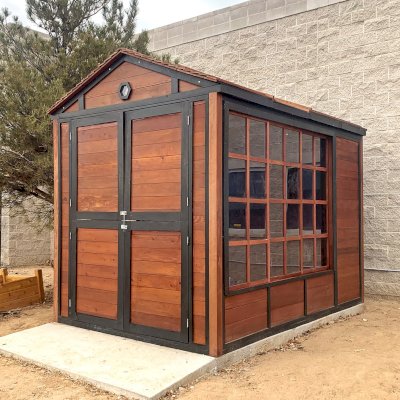 Custom Storage Mini Barn (Options: 8' W, 12' D, 8' H, Mature Redwood, with Custom Windows in the Walls and Roof Vents, Black Stain Premium Sealant with Cherry Stain).