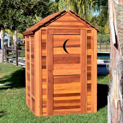 Storage Mini Barns (Options: 4.5' W, 4.5' D, 7' H, California Redwood, Single Door, Transparent Premium Sealant). Crescent Moon cutout was optional request by customer.